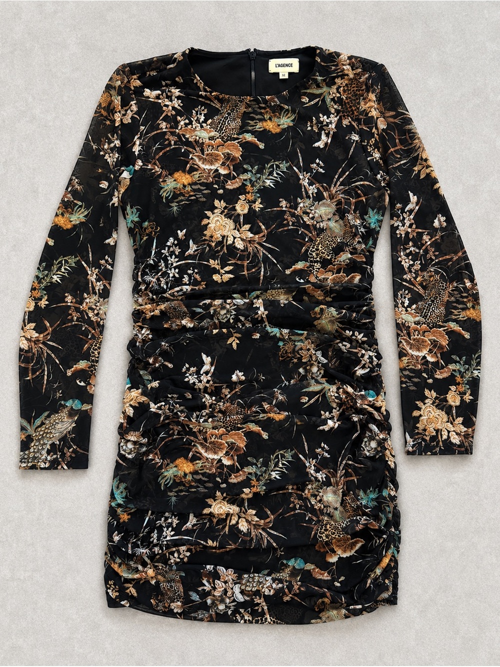 L’AGENCE Leopard Botanical Ruched Mesh Bodycon Dress Size 10